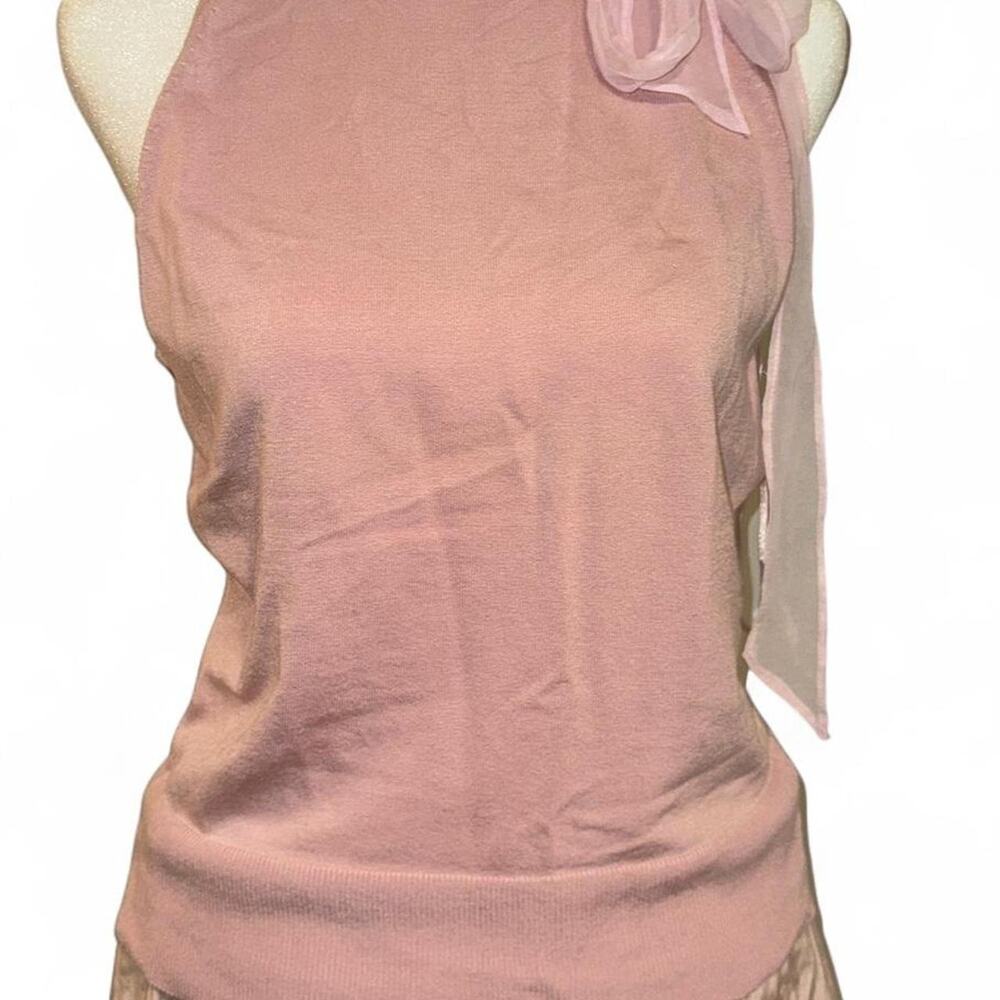 Vintage silk knit pink tank ribbon neckline detail